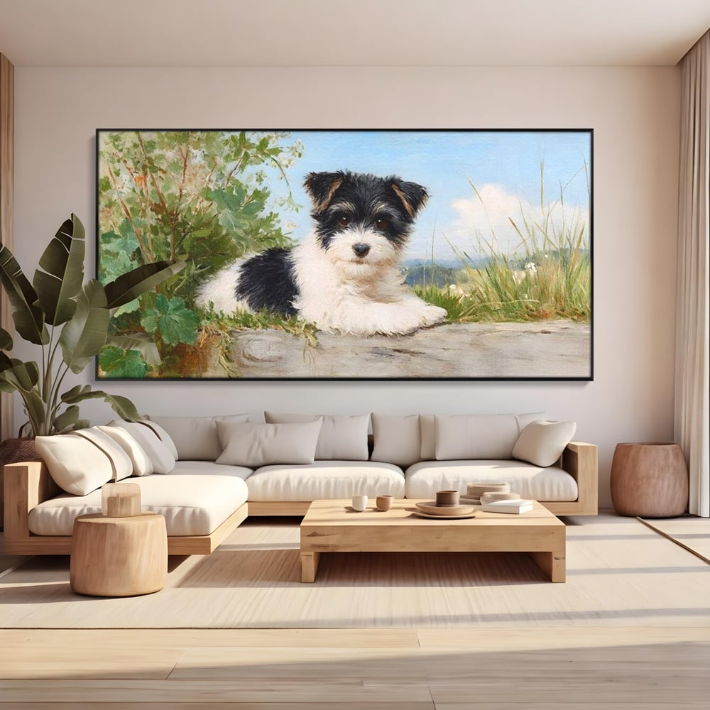 Tablou canvas cu tablou canvas cu pui de caine, in rama de aluminiu negru, pe perete intr-un living